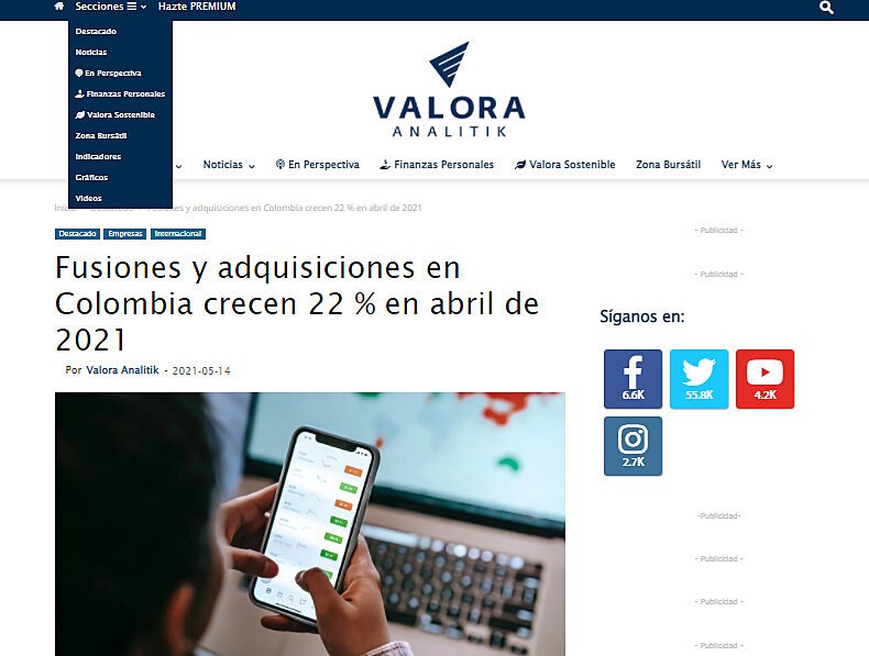 Fusiones y adquisiciones en Colombia crecen 22 % en abril de 2021